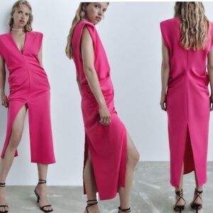 Zara hot fuchsia pink sleeveless V-neck ruched high slit midi dress blogger fave